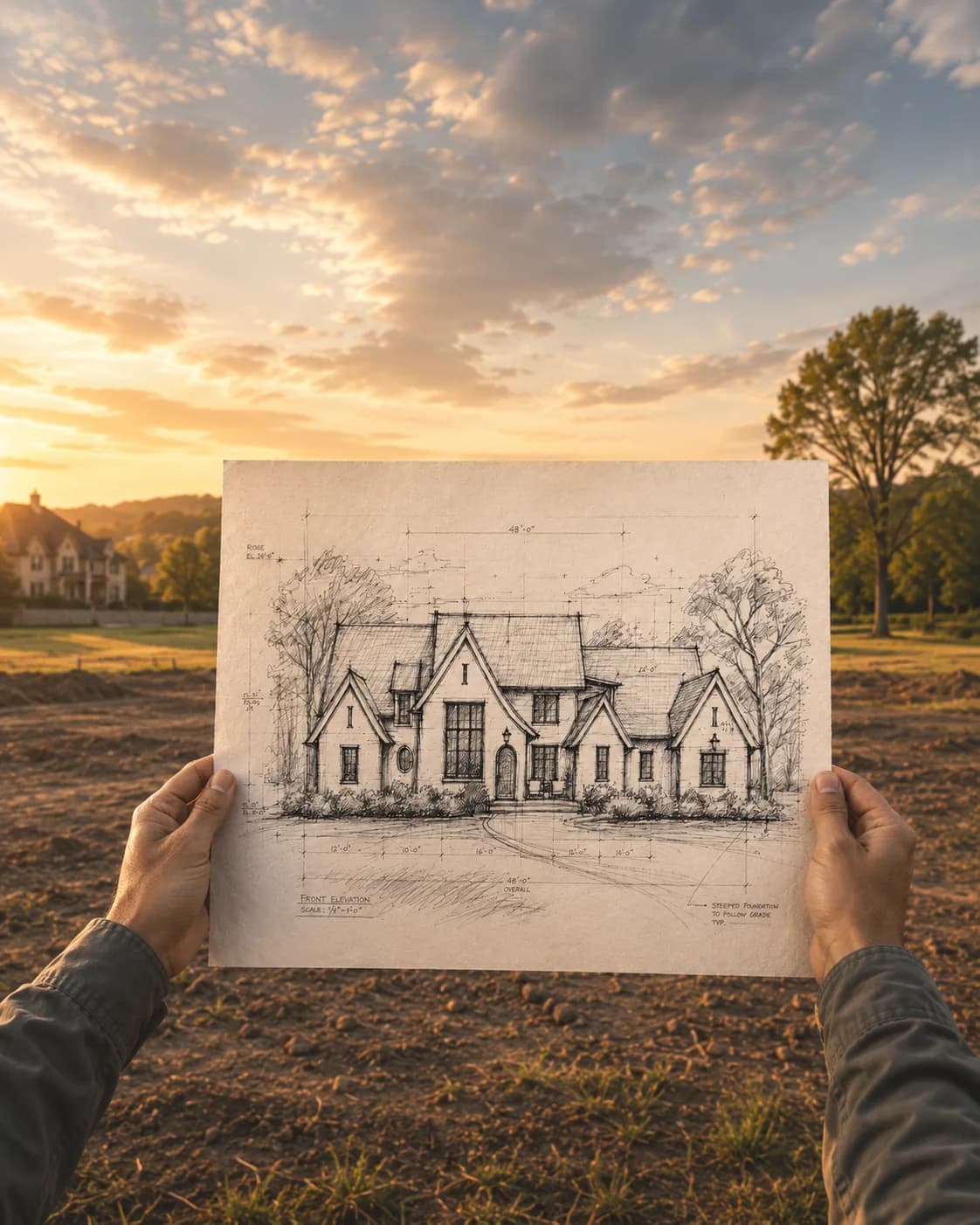 Architectural home sketch held over a future building site at sunset.