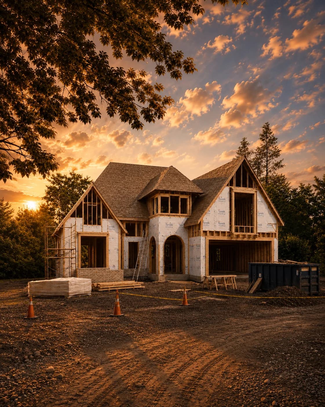 Framed custom residence under construction at sunset.